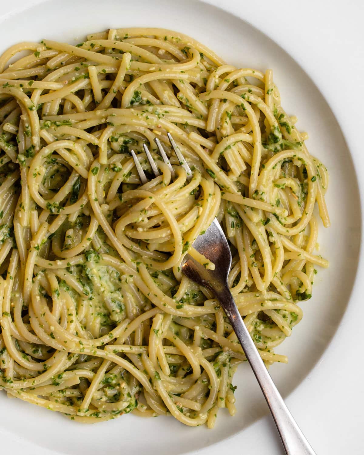 Spaghetti in a pesto sauce on a white plate. Fork resting in with noodles twirled around it.