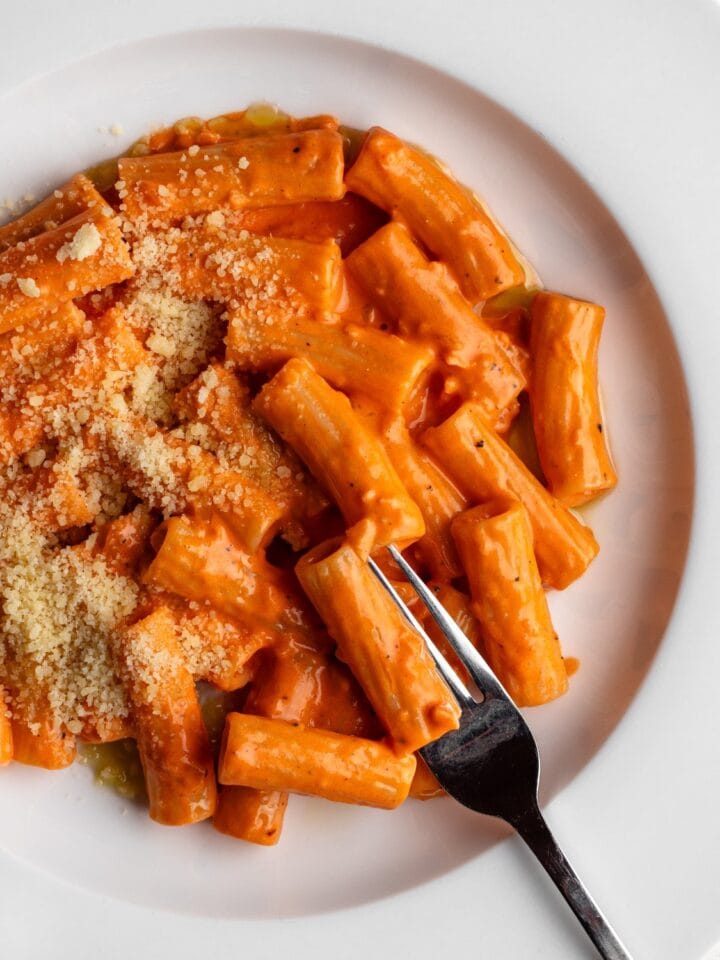 White plate with rigatoni pasta in a glossy creamy tomato pasta sauce. Grated parmesan cheese on top and a fork resting into pasta.