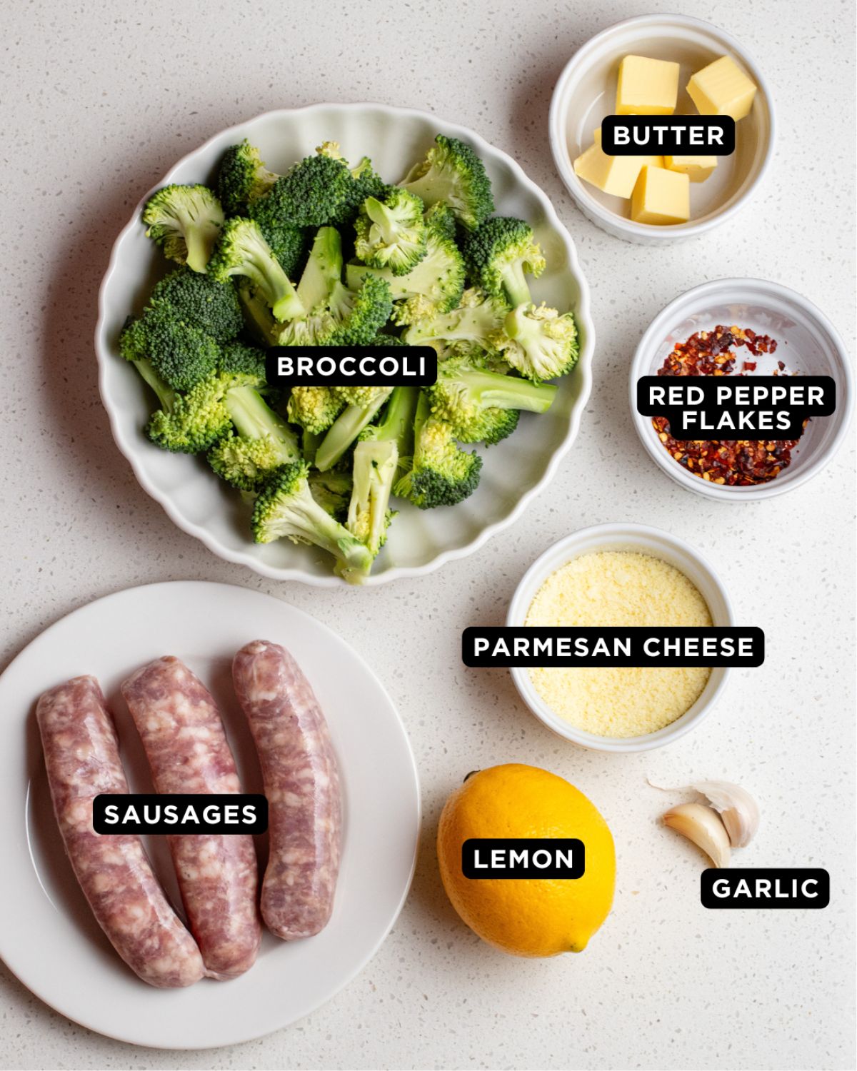 Ingredients on a white bench top.