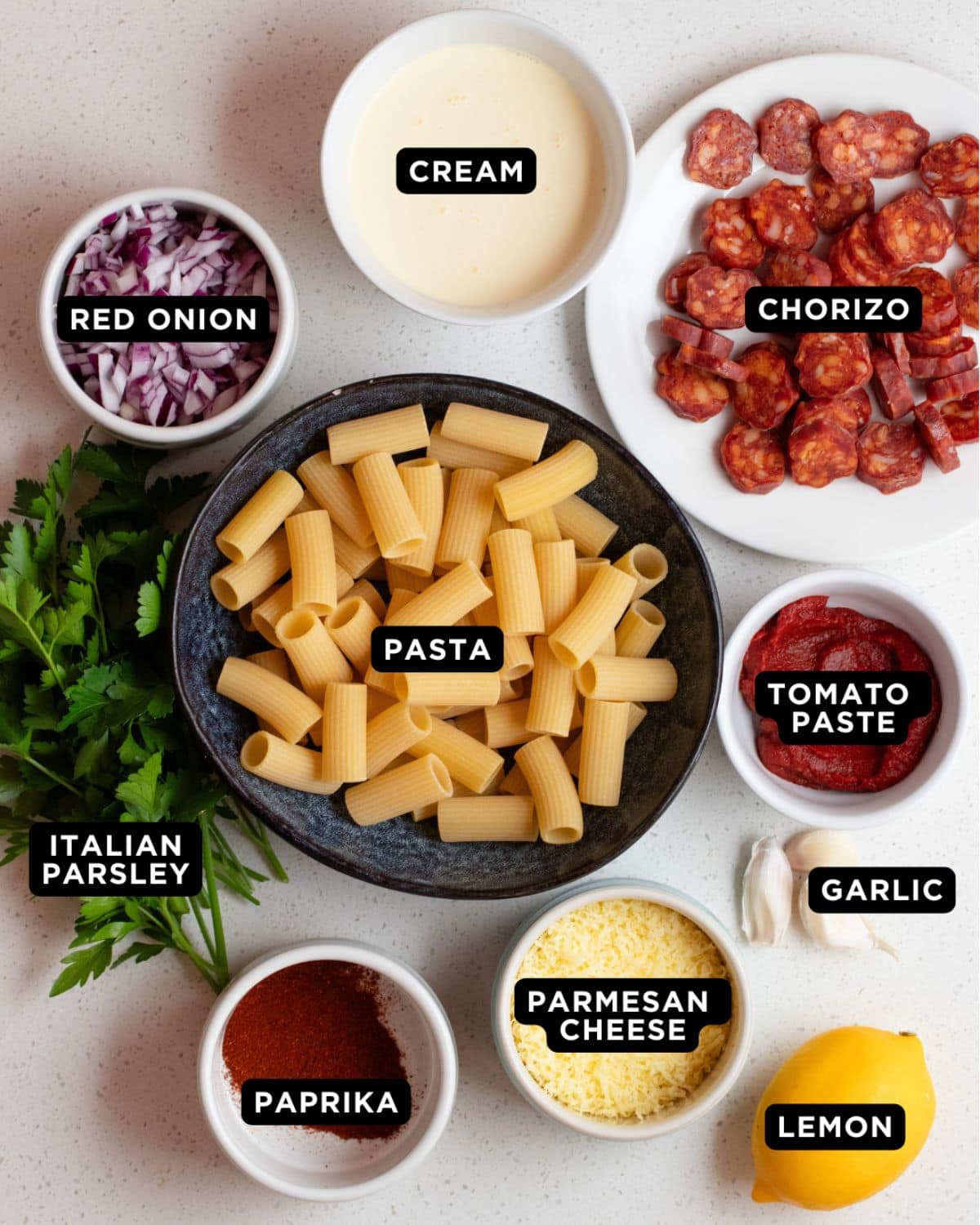 White bench top with ingredients.