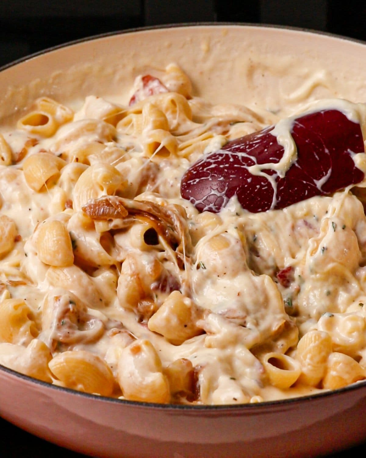 Cooked pasta mixed through the cheese sauce.