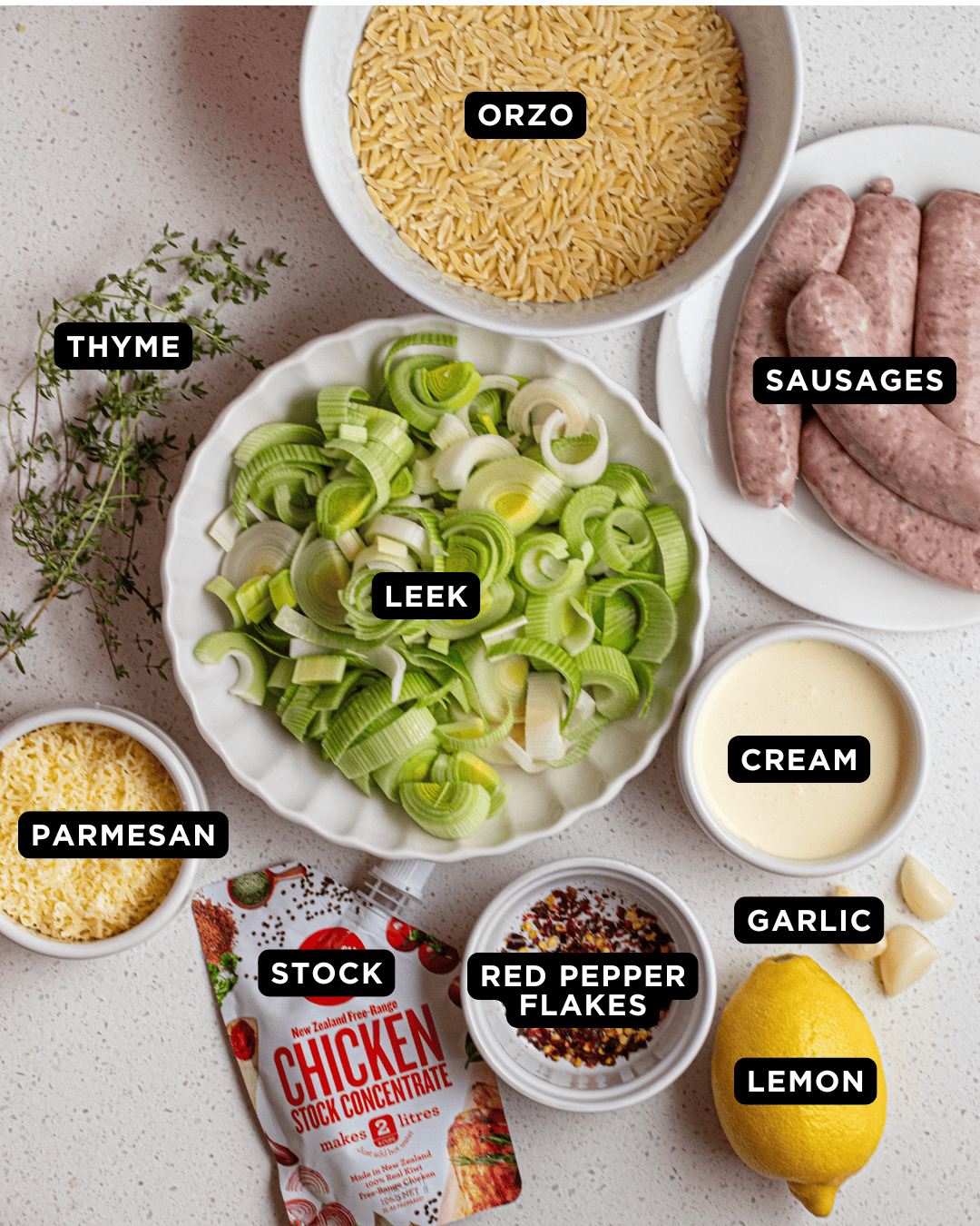 Ingredients on a white bench top.