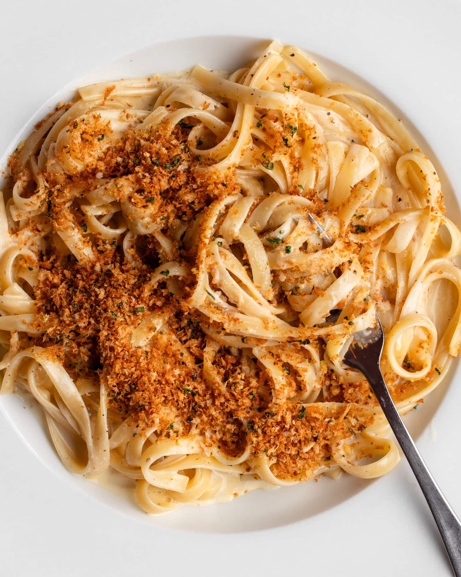 White plate with linguine in a creamy sauce and toasted panko pangrattato on top.