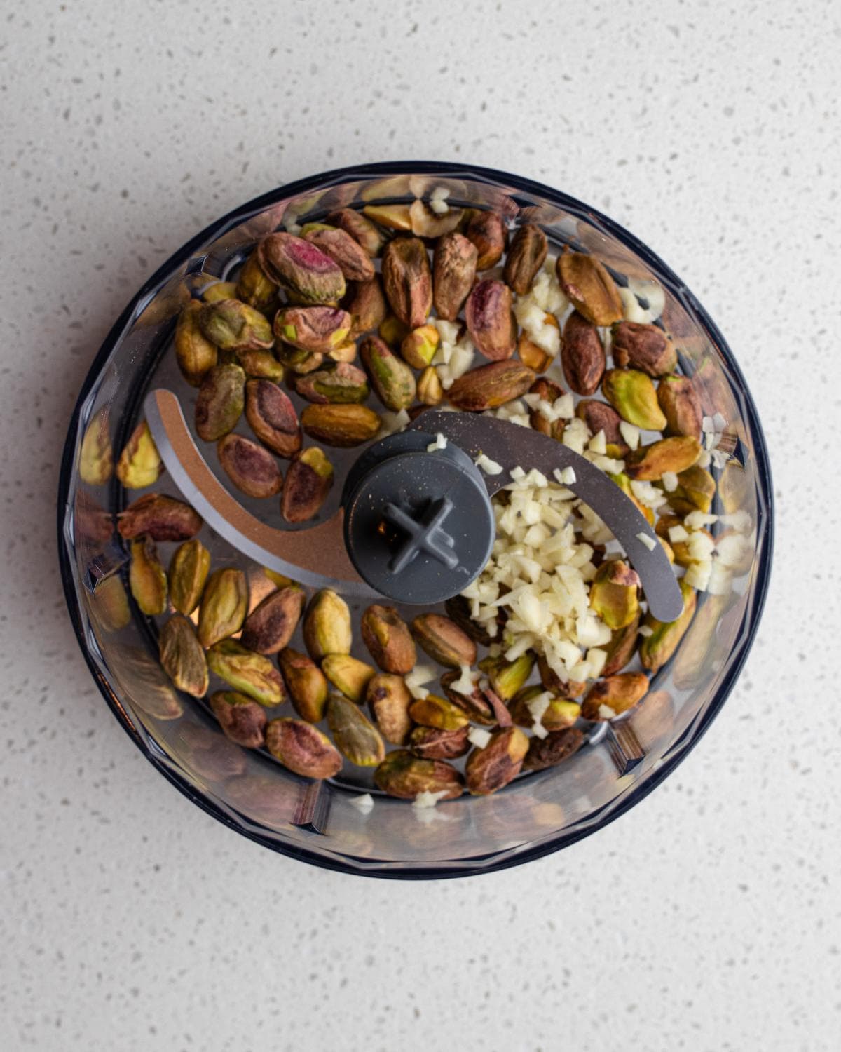 Pistachios and garlic in a food processor.