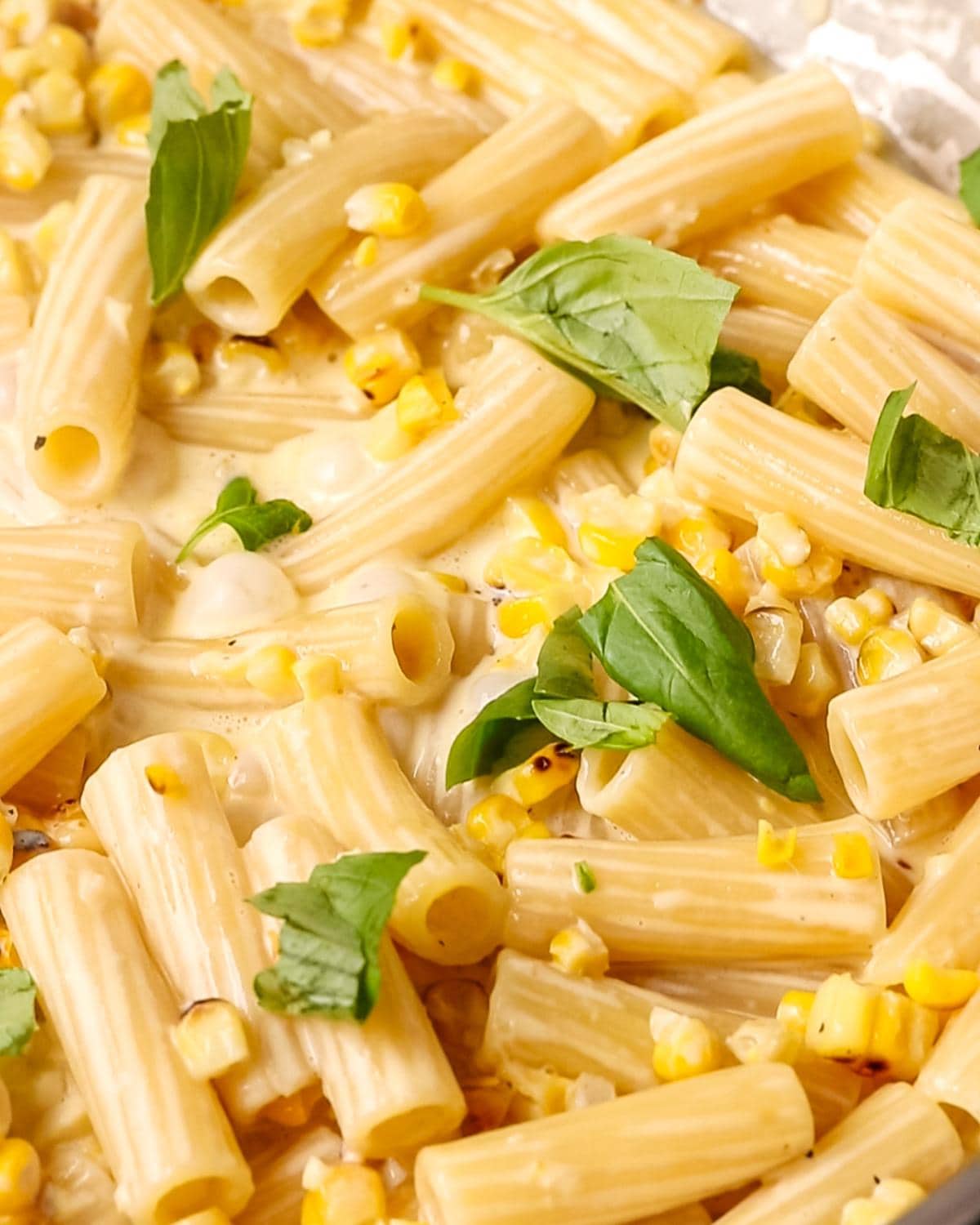 Creamy corn pasta finished with fresh basil and parmesan on top.