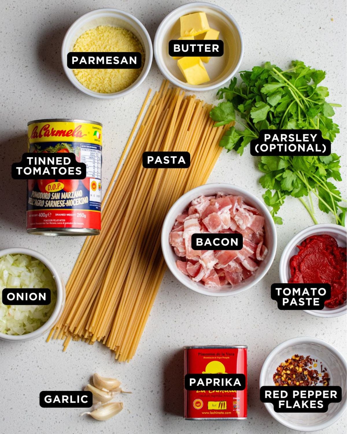 Ingredients on a bench top.