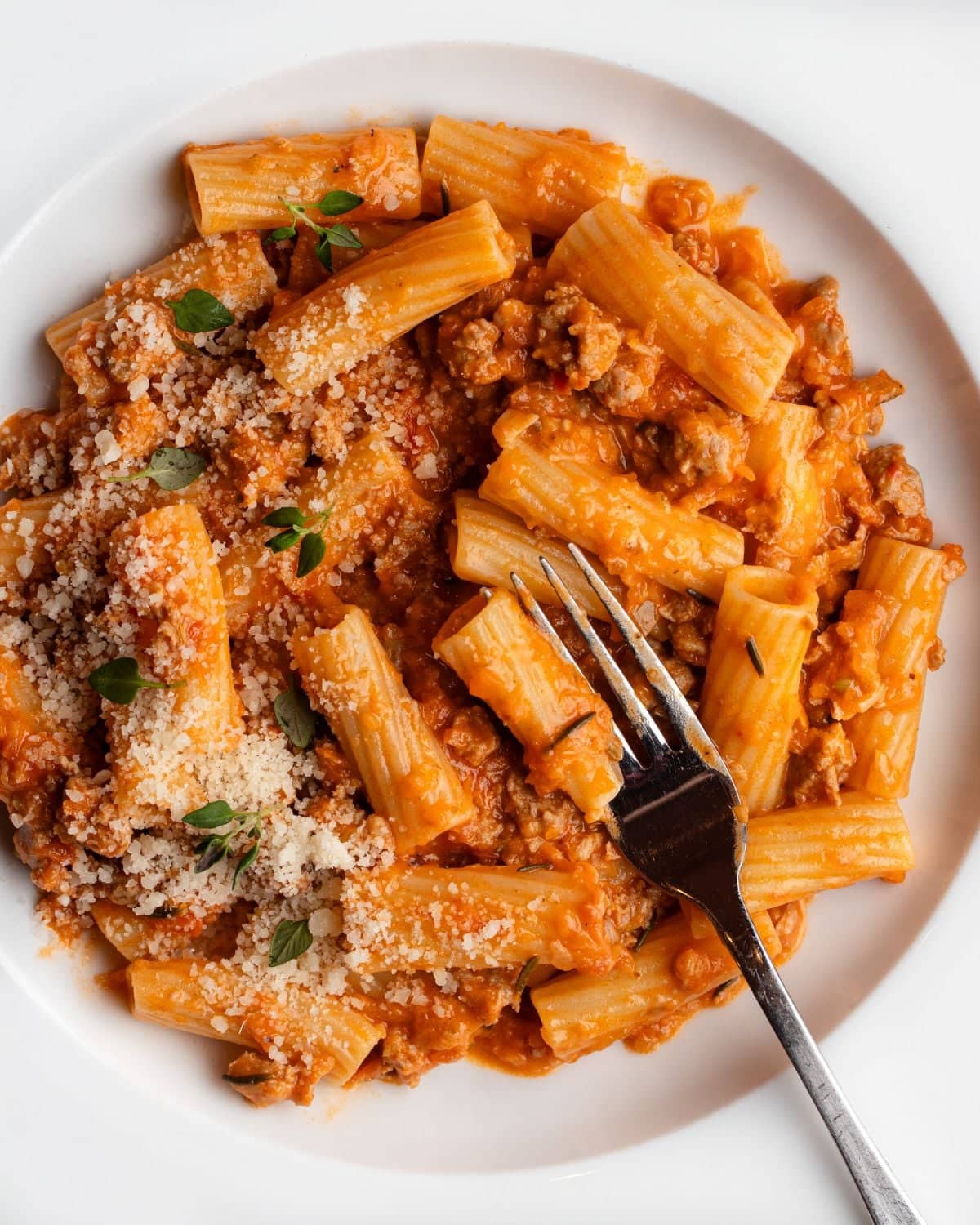 White plate with sausage ragu tossed through rigatoni. Fork resting in.
