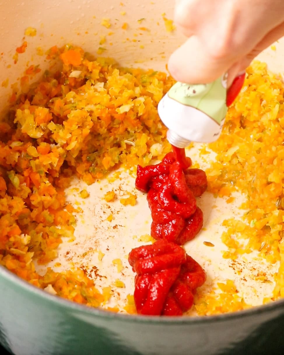 Tomato paste cooking with the soffritto.
