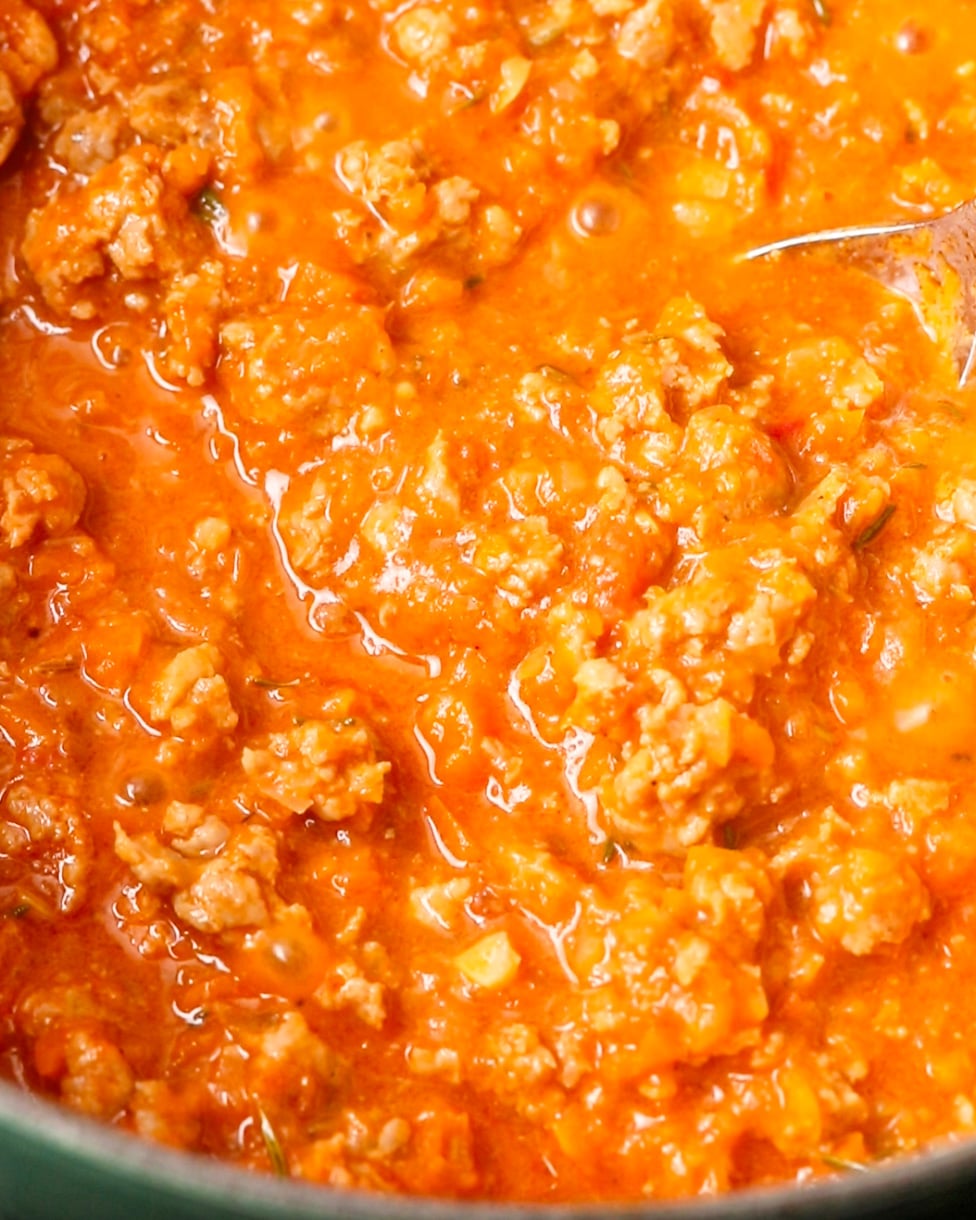 The finished sausage ragu after gently simmering until rich and thick.