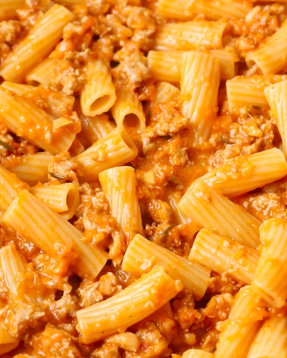 Rigatoni tossed through the finished sausage ragù.