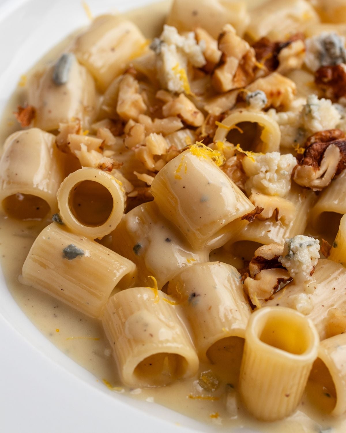 Rigatoni in a creamy gorgonzola sauce with chopped walnuts and lemon zest scattered.