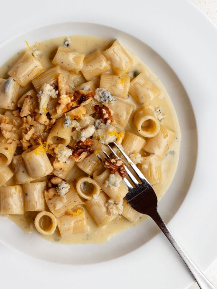 White plate with rigatoni pasta in a creamy gorgonzola sauce. Walnuts and lemon zest on top.